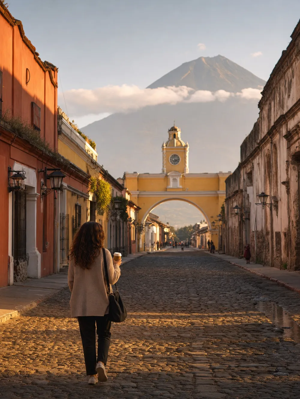 Calle empedrada de Antigua con el Arco de Santa Catalina