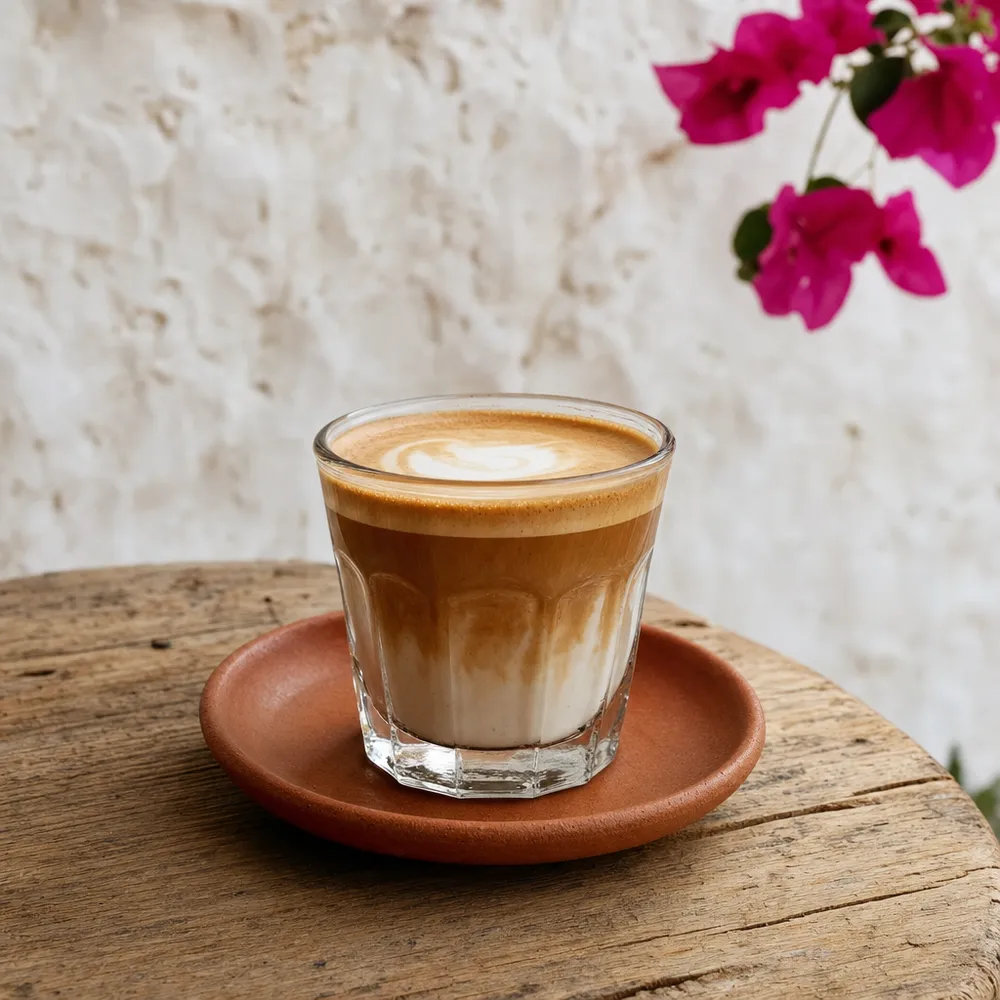 Cortado en vaso de vidrio sobre plato de barro