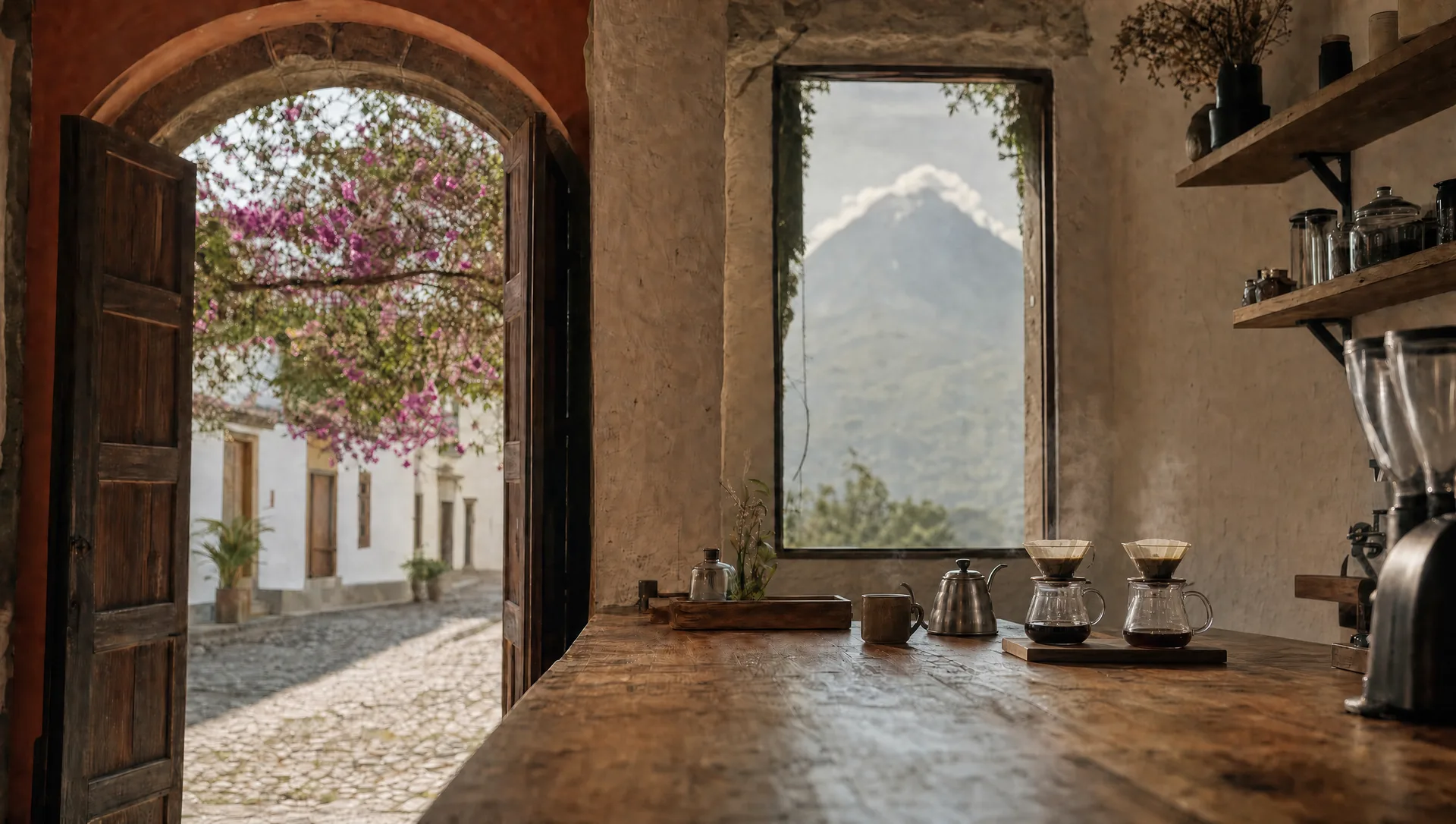 Barra de madera de Fuego Lento con dos pour-over humeando, la puerta abierta a la calle y el Volcán de Agua por la ventana