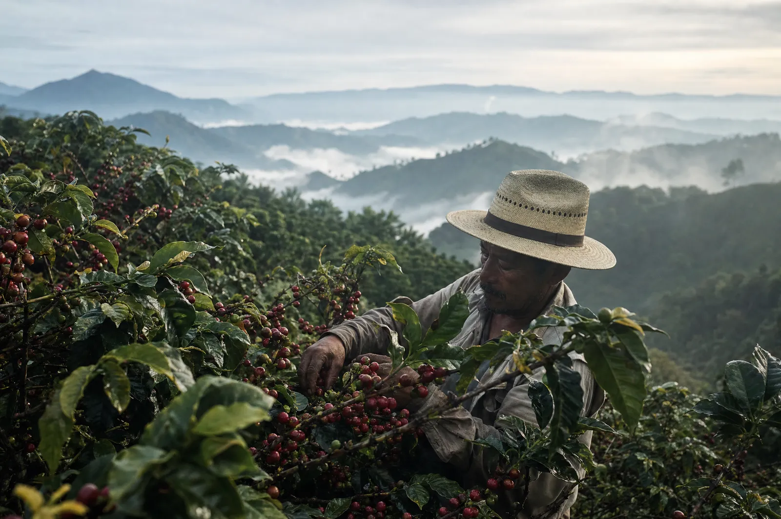 Finca de café en Huehuetenango con cerezas rojas