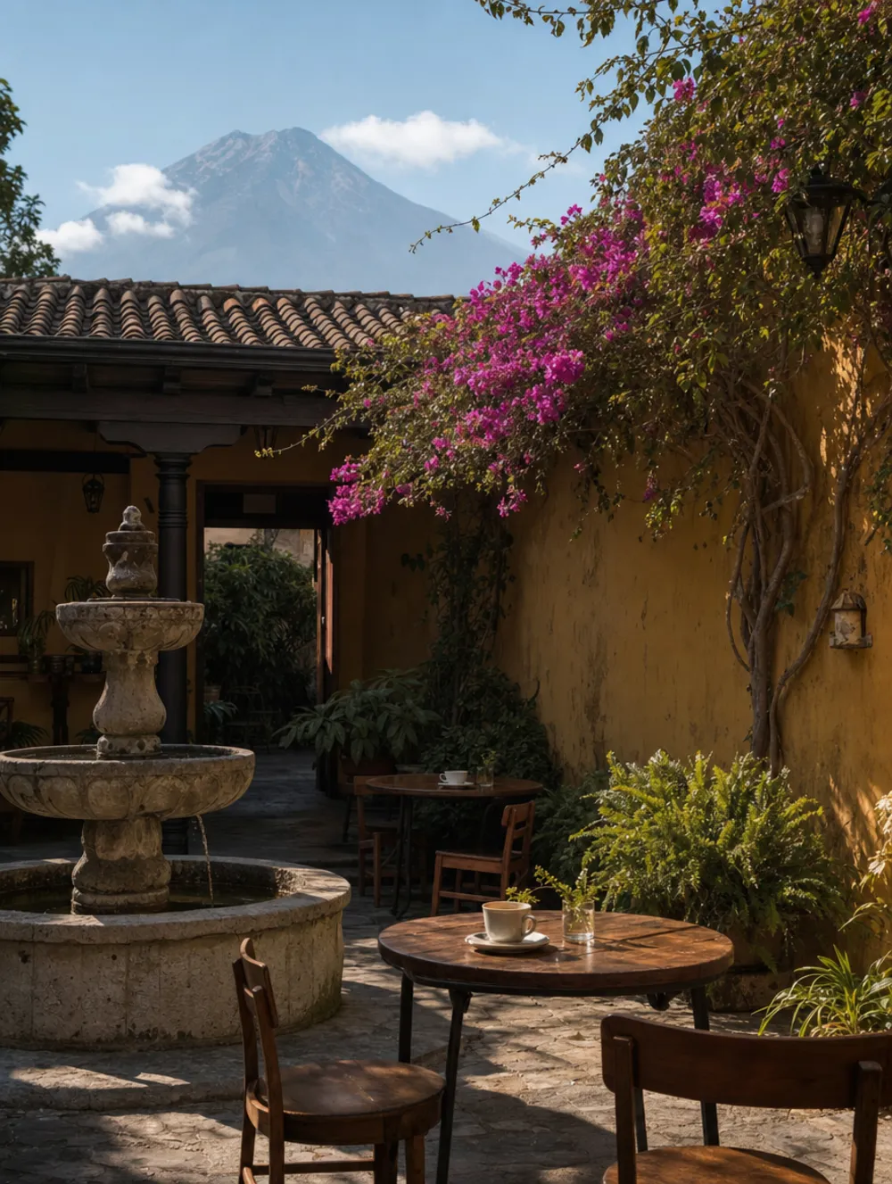Patio interior con fuente de piedra y bugambilia